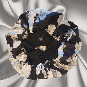 Black Floral Wide Band Satin Sleeping Bonnet, Satin Hair Cap, Satin Hair Bonnet